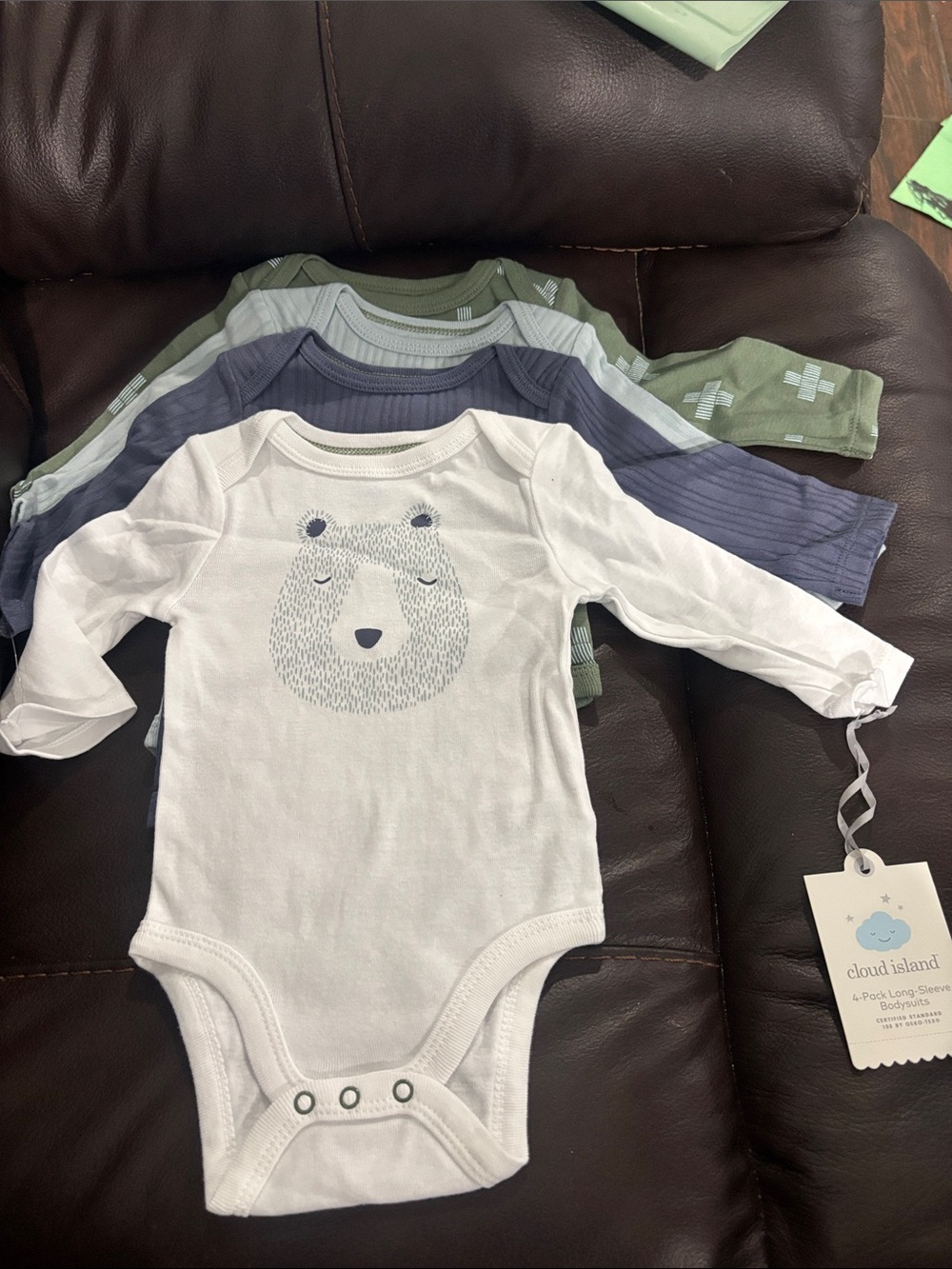 cloud island White, Blue & Green Long-Sleeve Bodysuit Set with Bear Graphic